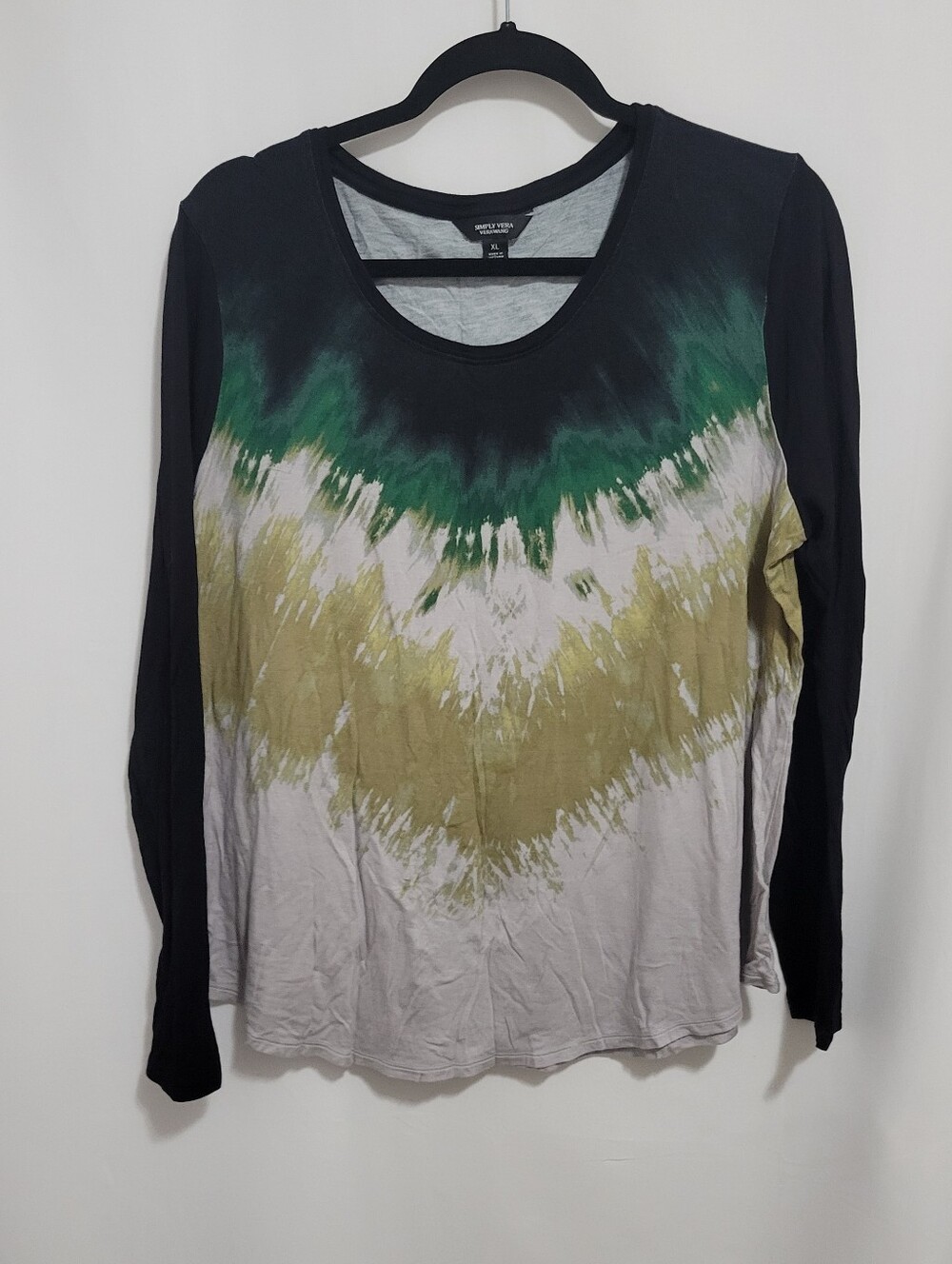 Simply Vera Vera Wang Black Long Sleeve Tie-Dye Top with Green and Tan, Size XL
